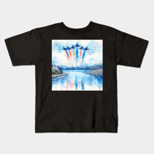 Artistic illustration of acrobatic jets flying over Kids T-Shirt